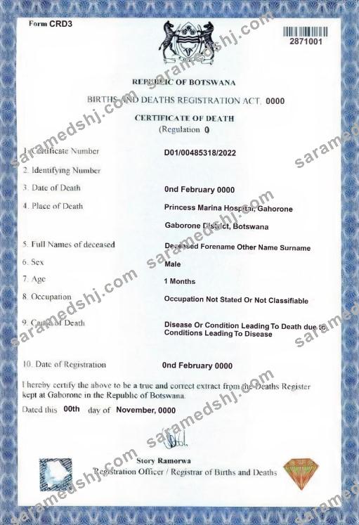 Botswana death certificate template in PSD format